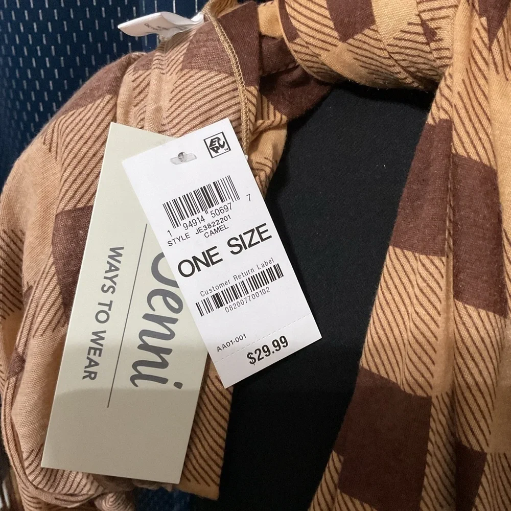 Jenni Buffalo Check Light & Dark Brown Jersey Wrap Scarf. NWT